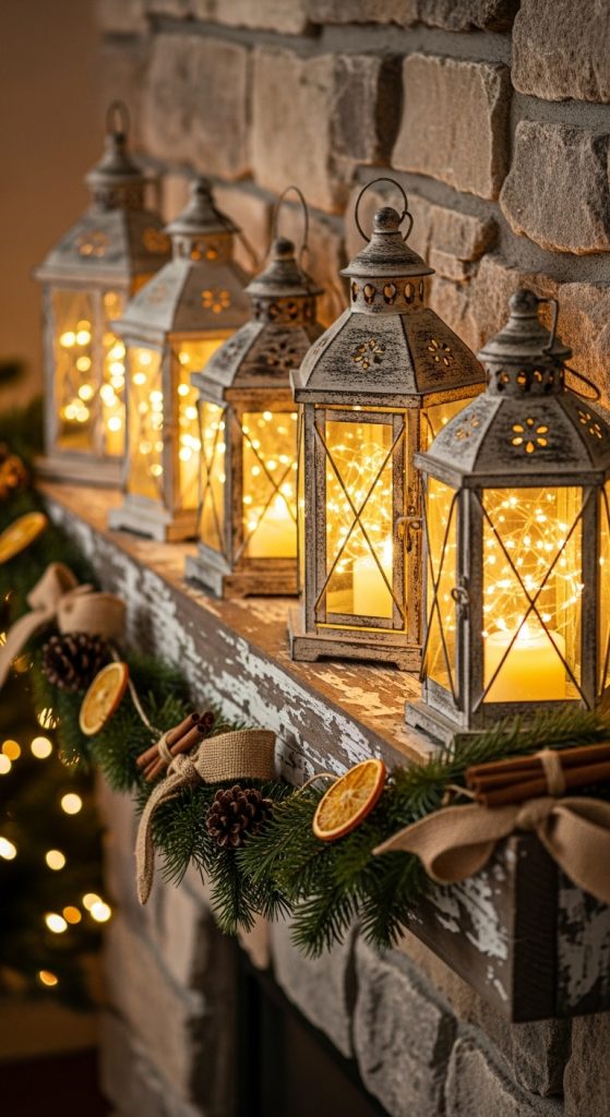 Rustic Christmas Home Decor ideas of lanterns on a mantle with fairy lights