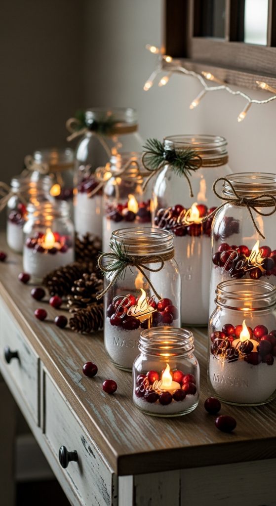 mason jars filled with faux snow, red berries and led candles for a Rustic Christmas Home Decor in hallway
