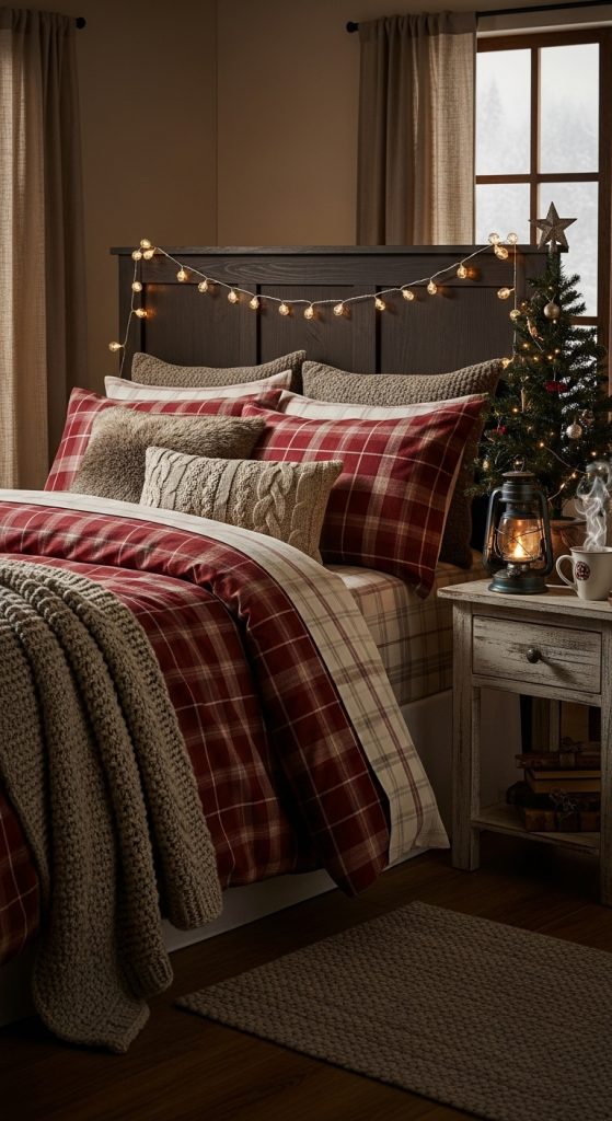 Rustic Christmas Home Decor in the bedroom with plaid sheets and blankets and a small table side christmas tree