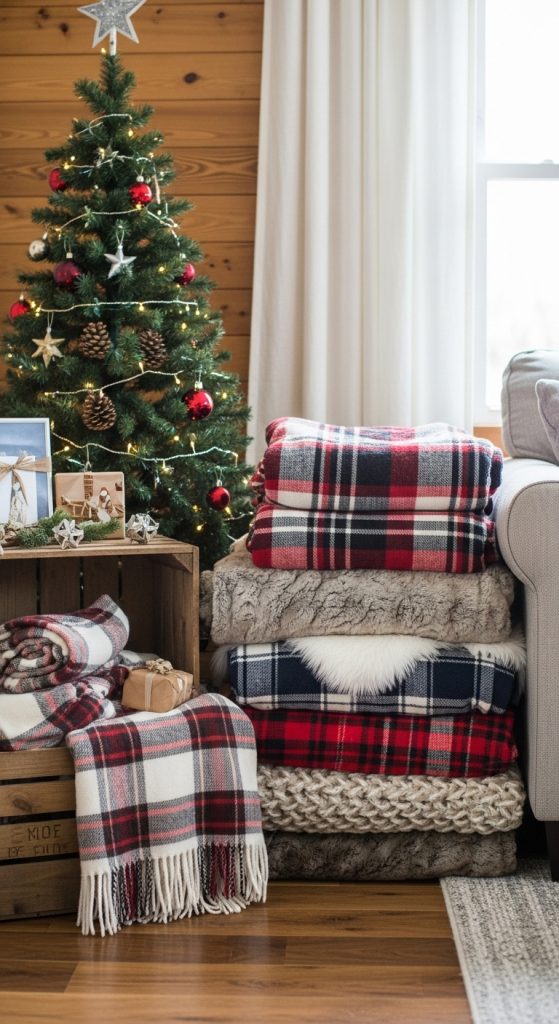 Rustic Christmas Home Decor in the living room with plaid and faux fur blankets folded by the Christmas tree