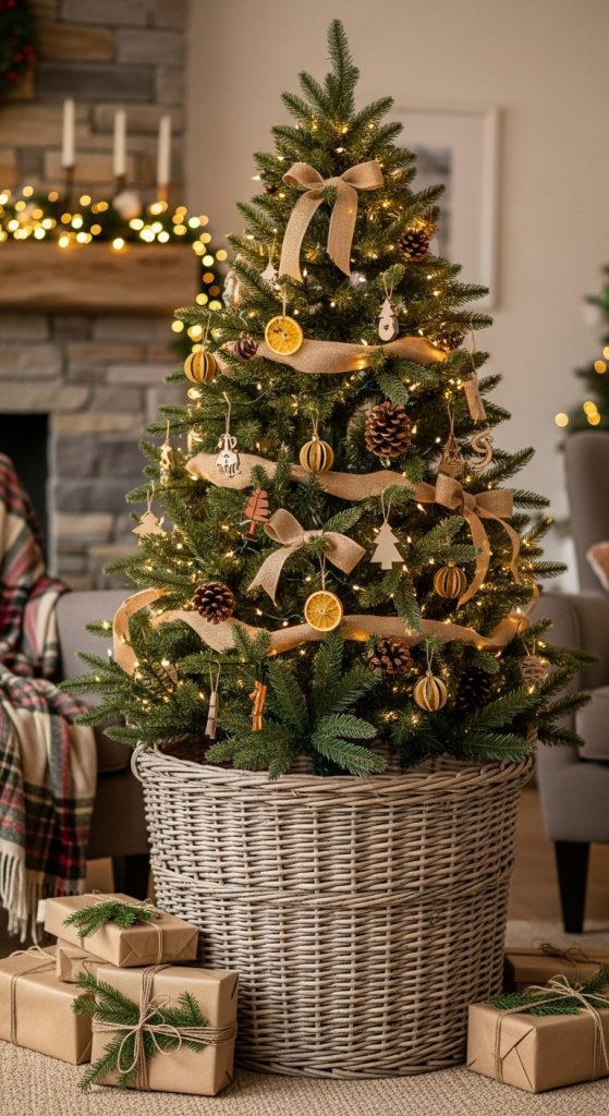 Rustic Christmas Home Decor of a Christmas tree where the base is an old wicker basket