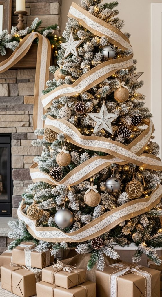 Rustic Christmas Home Decor of burlap ribbon and white lace wrapped around the christmas tree