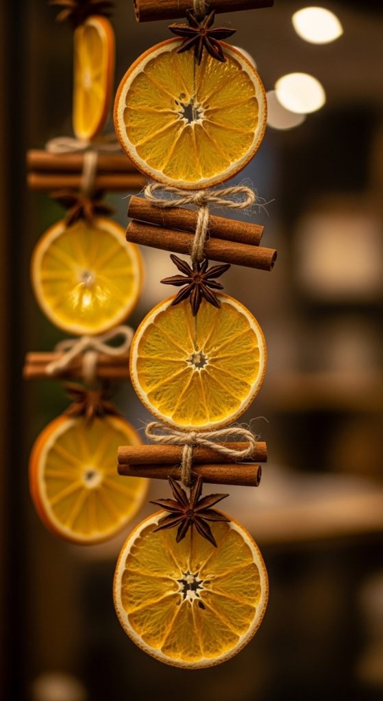 orange slices and cinnamon sticks to form a unique rustic garland