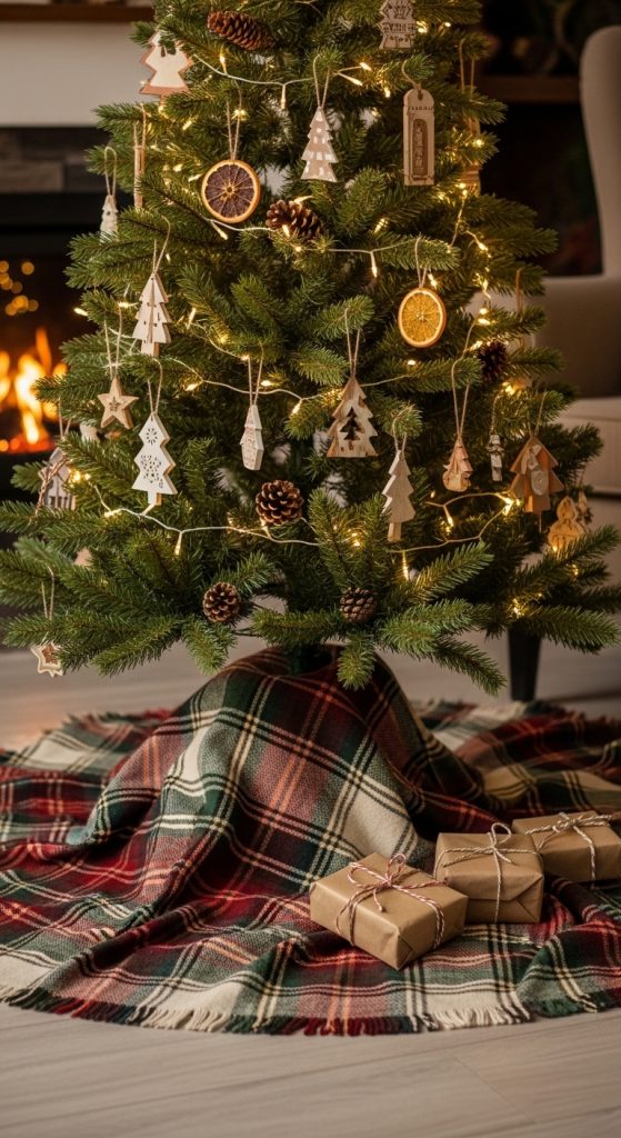 Rustic Christmas Home Decor of plaid blankets used as a christmas tree runner with parcels wrapped in jute