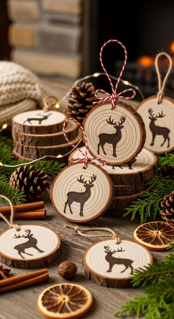 Wooden Christmas tree ornaments stamped with reindeer