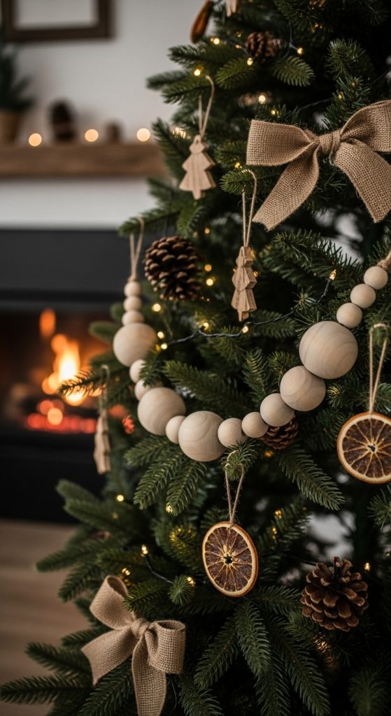 large wooden beads wrapped around a christmas tree for Rustic Christmas Home Decor