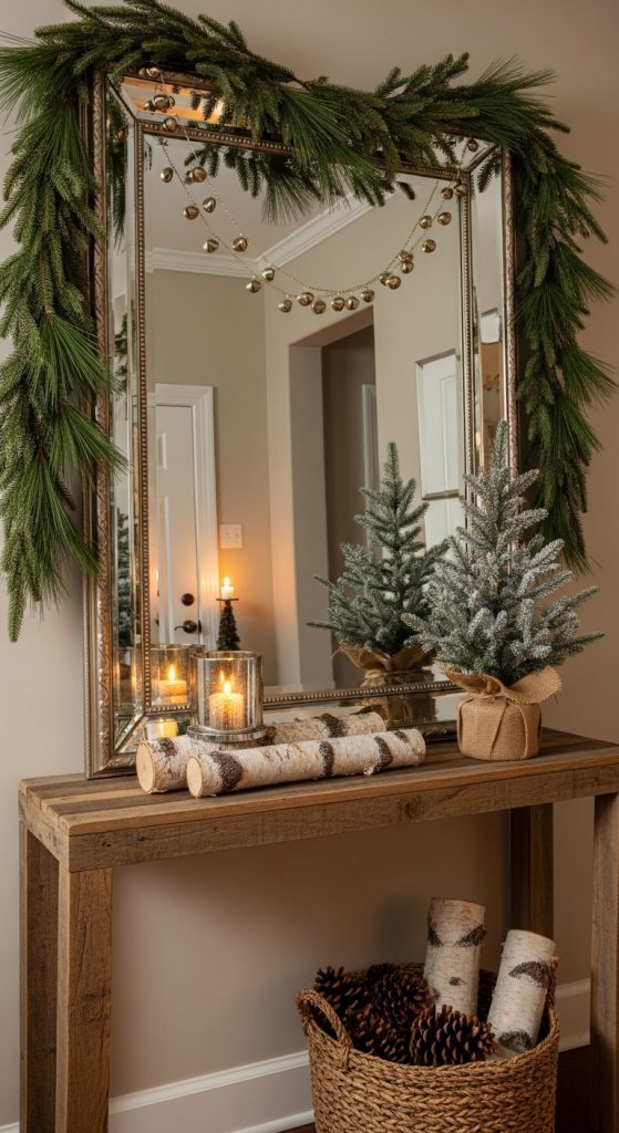 Rustic Christmas Home Decor in the entryway with a large mirror decorated with a green garland and gold bells