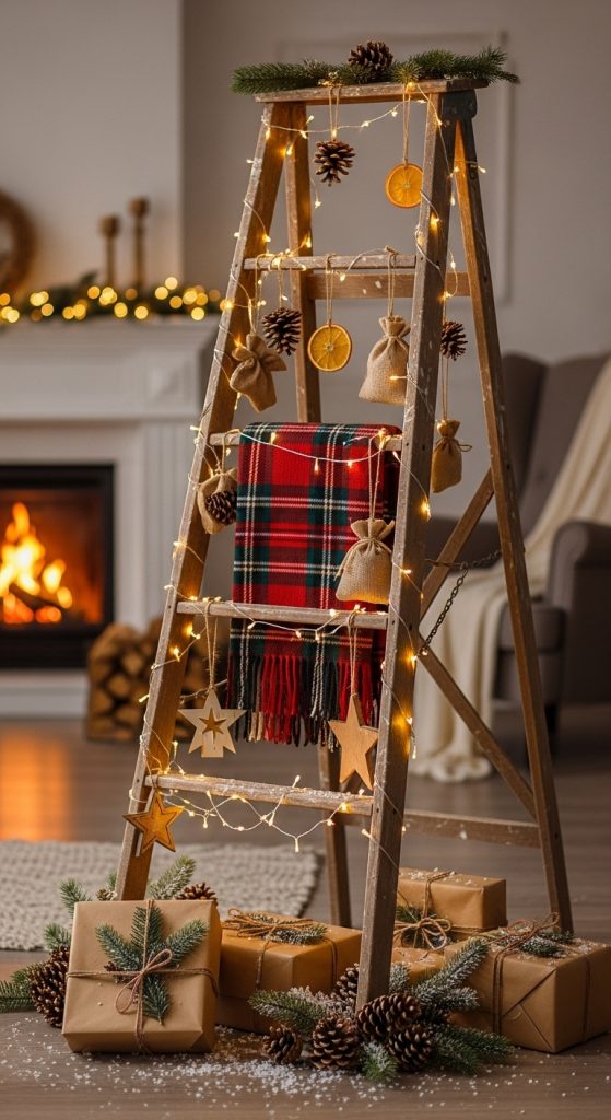 Rustic Christmas Home Decor of an old ladder used instead of a Christmas tree decorated with fairy lights and wooden ornaments