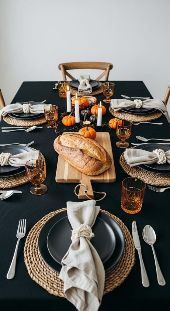 rustic touch on last minute dining room table using bread board and black table cloth