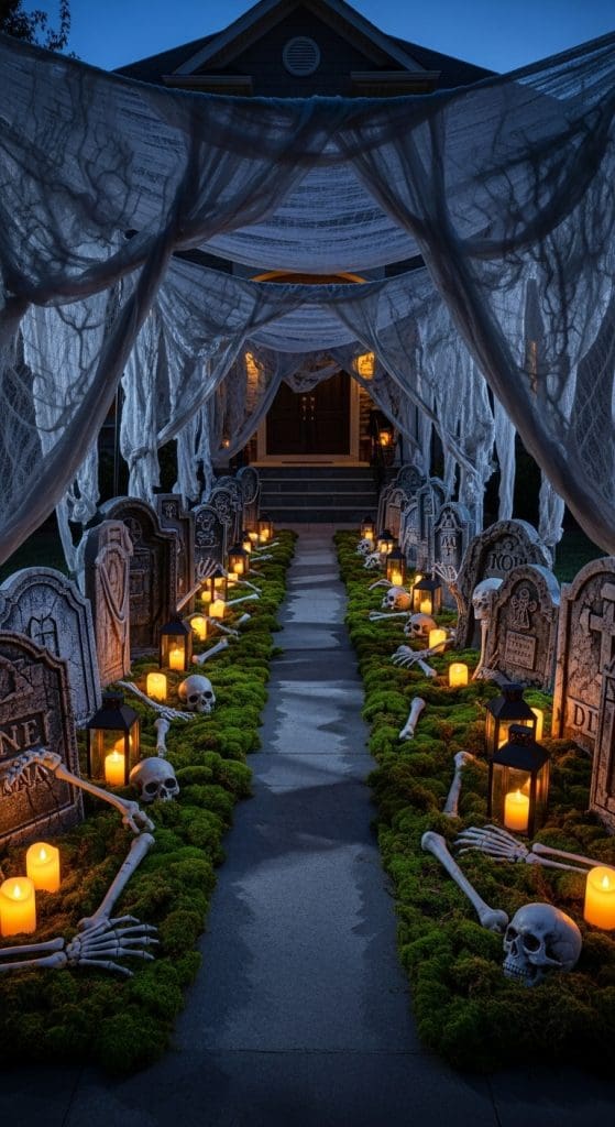 grave themed halloween pathway decor ideas with LED candles and fake skulls