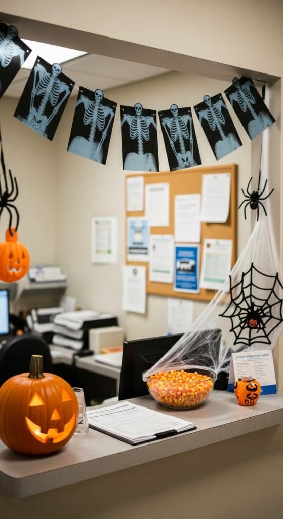 Fun skeleton garland hanging above nurses station