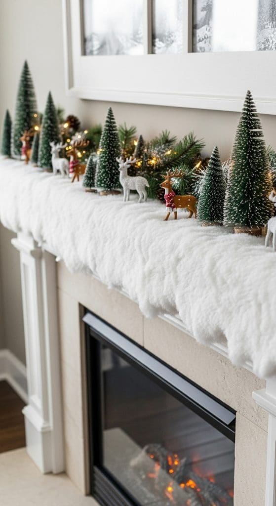 faux christmas snow on a christmas mantle for Affordable Mantle Christmas Decor ideas