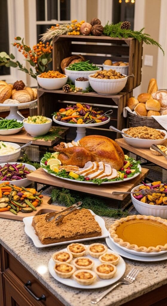 Thanksgiving buffet setup where the food has been stacked on crates and wooden boards