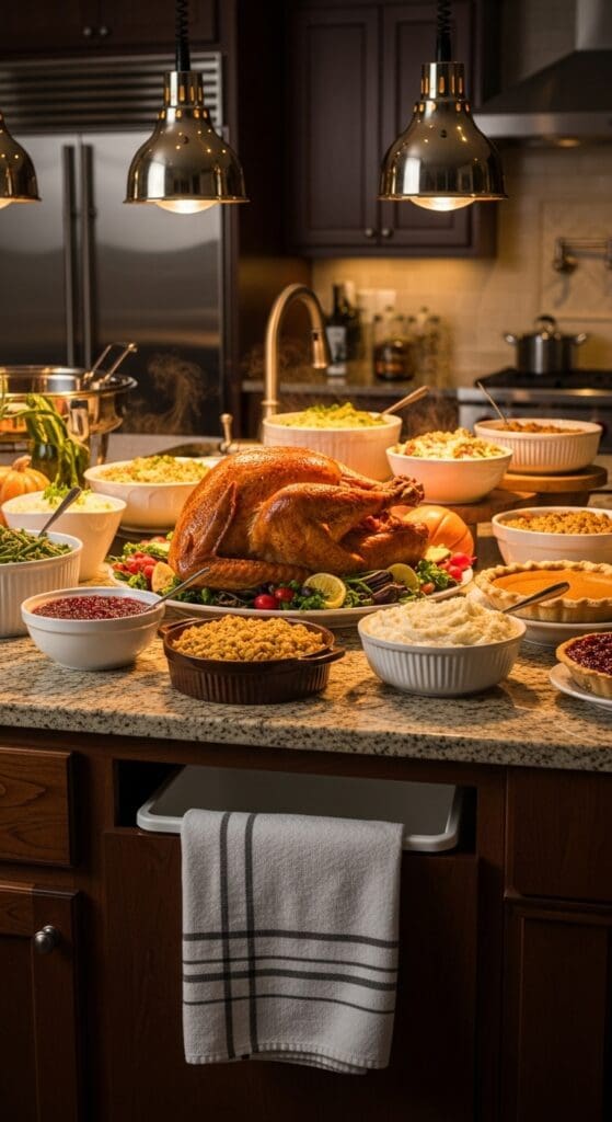 A white storage bin underneath the kitchen island to help keep things clean at Thanksgiving