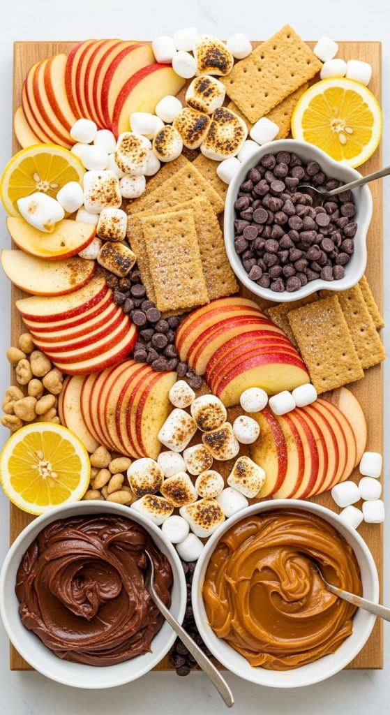 Easy Thanksgiving Charcuterie Board Ideas with sliced apples, caramel dip and cinnamon sugar