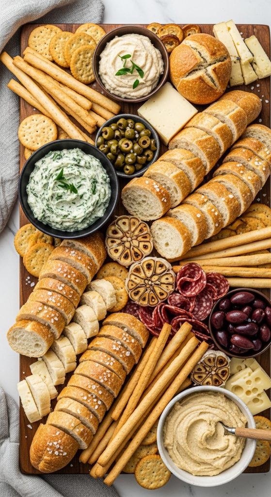 Easy Thanksgiving Charcuterie Board Ideas made from breadsticks and bread with dips
