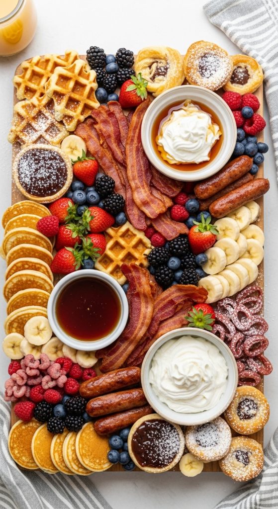 Breakfast Easy Thanksgiving Charcuterie Board Idea with waffles, bacon, sausages and pies