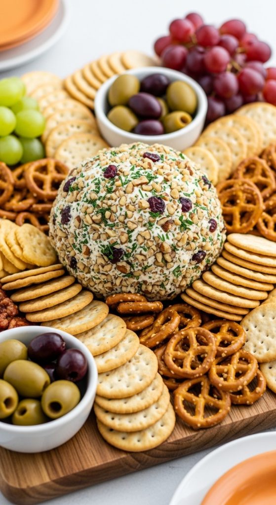 Easy Thanksgiving Charcuterie Board Ideas made from. acheese ball with cranberry, walnut, garlic and nuts