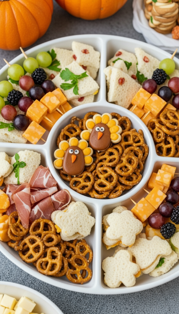 Kids Easy Thanksgiving Charcuterie Board Ideas with pretzels and mini cut sandwiches