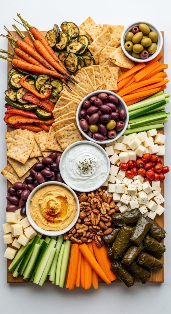 Vegetarian Easy Thanksgiving Charcuterie Board Ideas with roasted veggies, hummus, olives, cheese and grape leaves