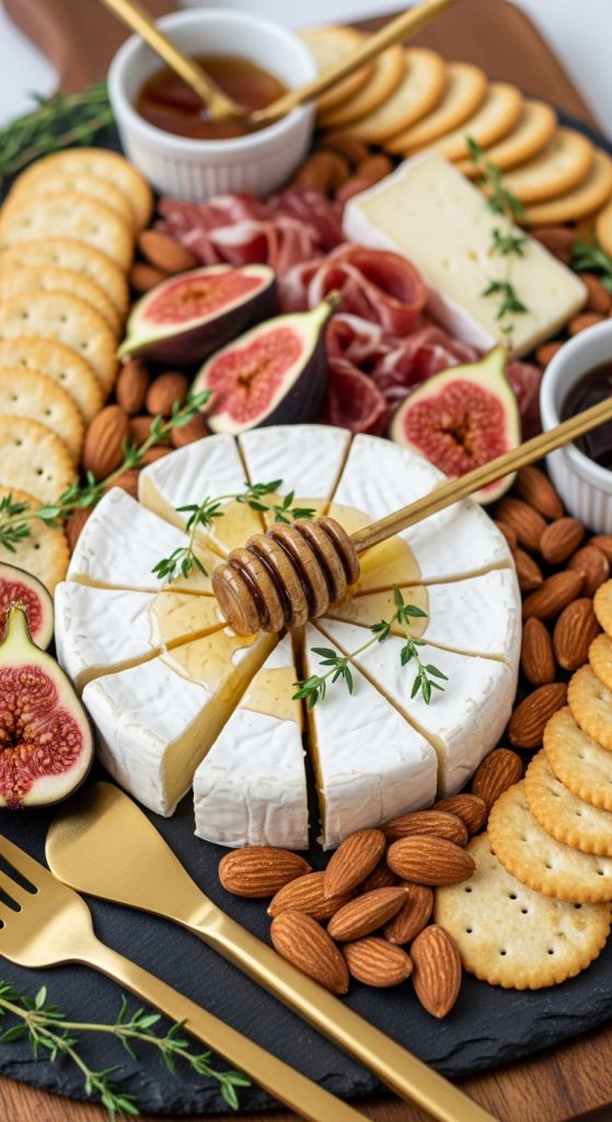 Easy Thanksgiving Charcuterie Board Ideas made from brie, figs, almonds and honey