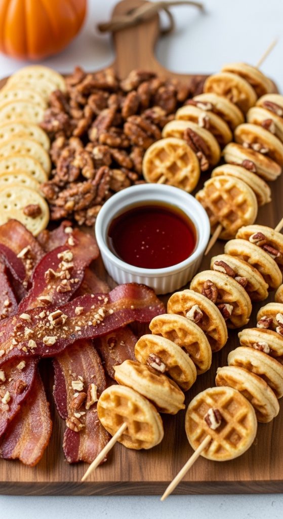 Easy Thanksgiving Charcuterie Board Ideas made with bacon, waffles and maple glazed nuts