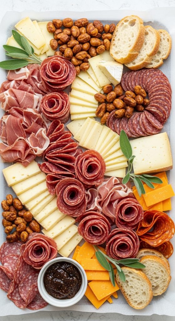 Easy Thanksgiving Charcuterie Board Ideas meats and sliced cheese with fig jam