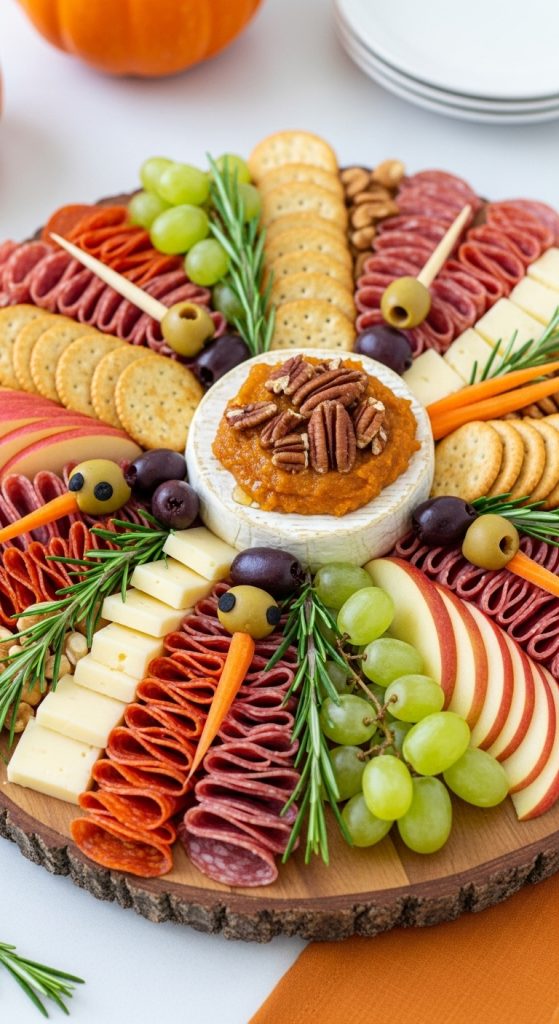 Breakfast Easy Thanksgiving Charcuterie Board Idea brie wheel with meats and grapes and pecan nuts