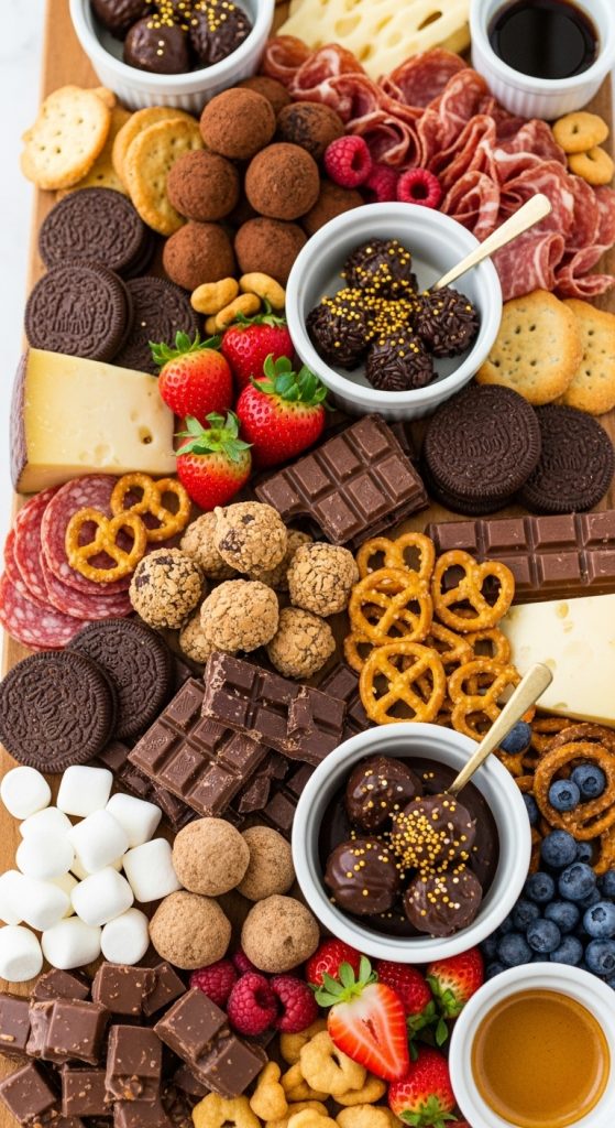 Easy Thanksgiving Charcuterie Board Ideas made with cookies, melted chocolate, strawberries and pretzels