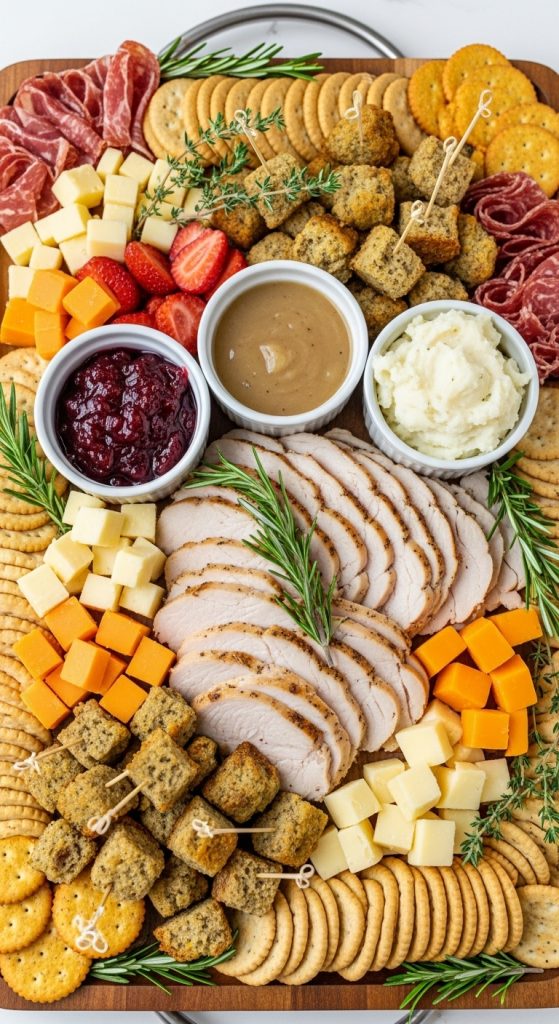 Leftover turkey on a charcuterie board with bread, cheese, dips and crackers