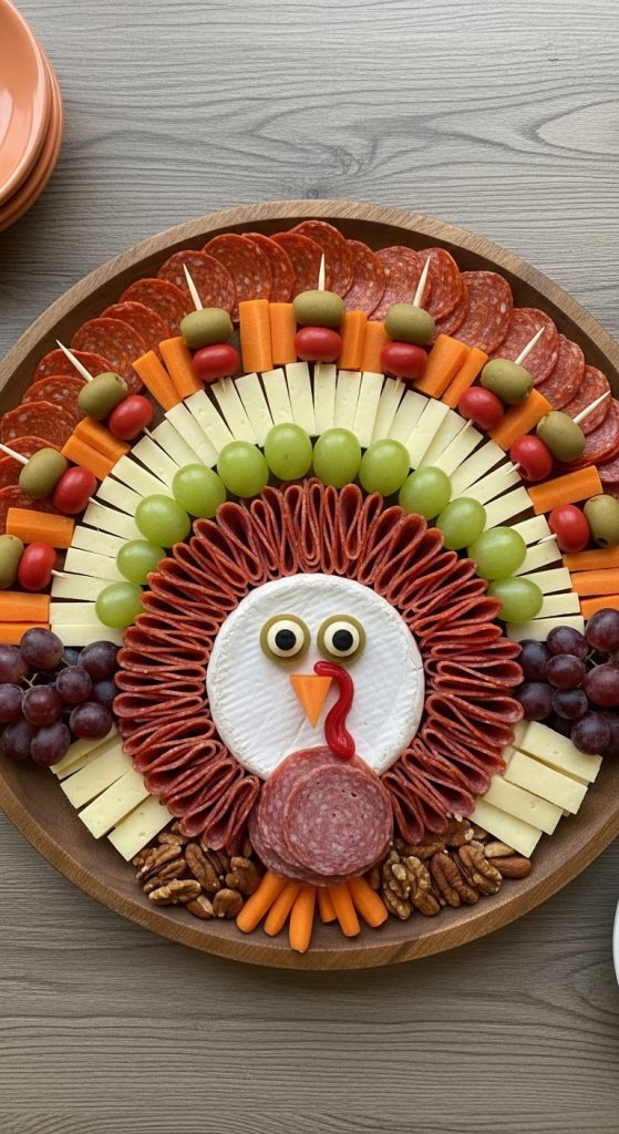 Savory Easy Thanksgiving Charcuterie Board Idea shaped like a turkey
