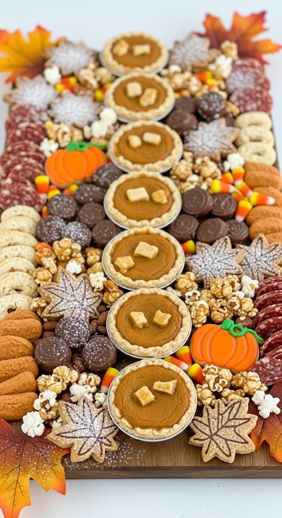 Easy Thanksgiving Charcuterie Board Ideas with pies, cookies and popcorn