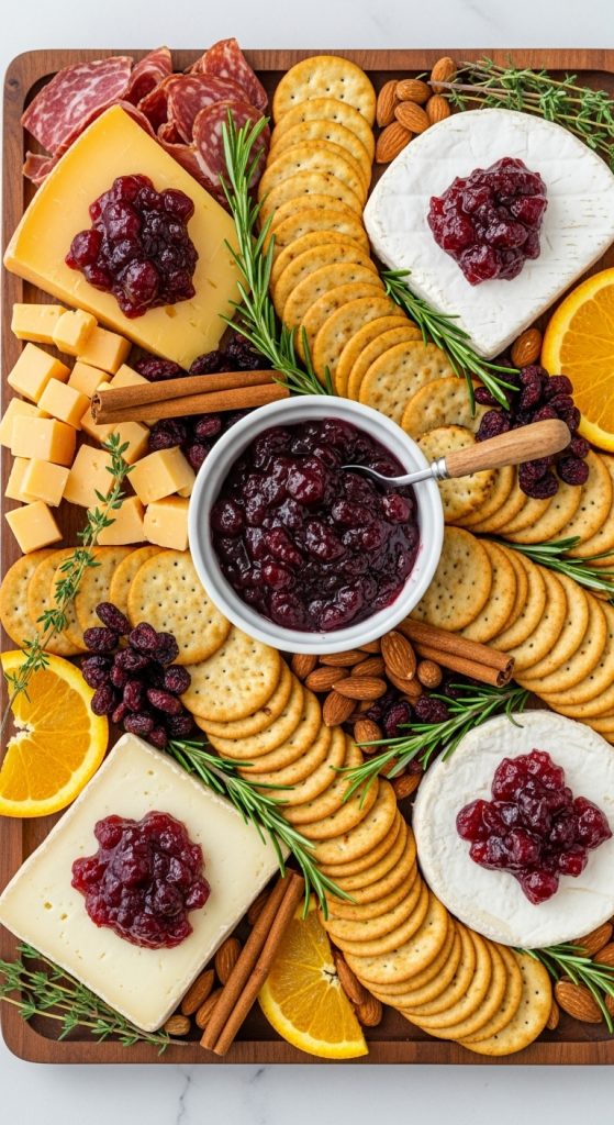 crackers, cheese and cranberry sauce with brie wheels