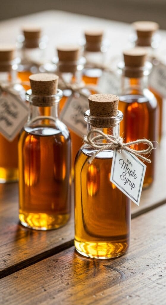 Tiny glass bottles with cork tops filled with maple syrup