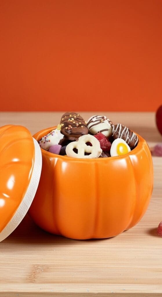 Orange ceramic pumpkin with a lid filled with chocolate covered pretzels