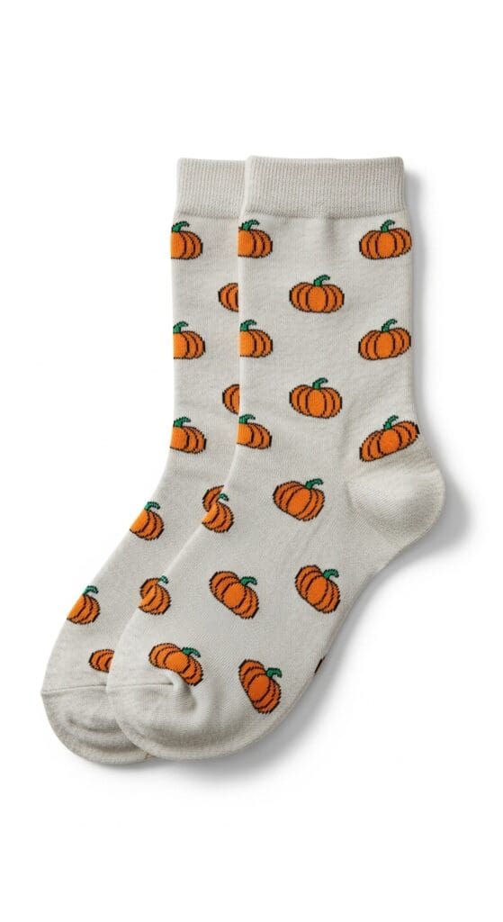 white socks with mini orange pumpkins on them