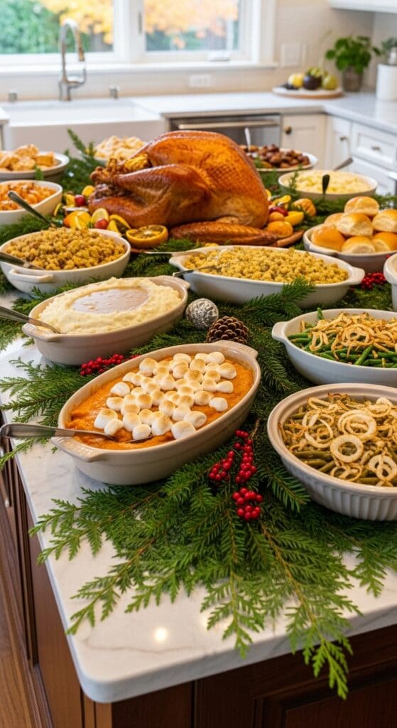 Evergreen sprigs that help to separate white enamel serving dishes on a kitchen island