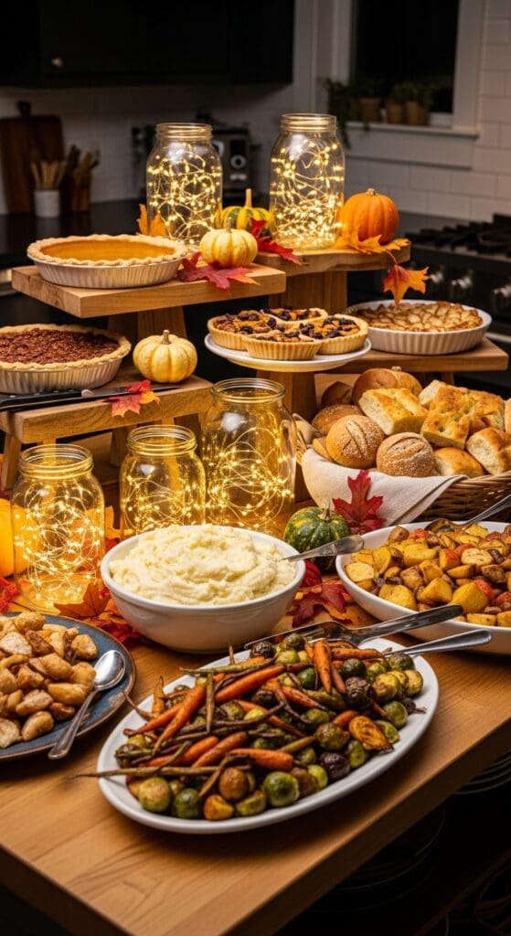 thanksgiving buffet setup using fairy lights in mason jars for a cute glow