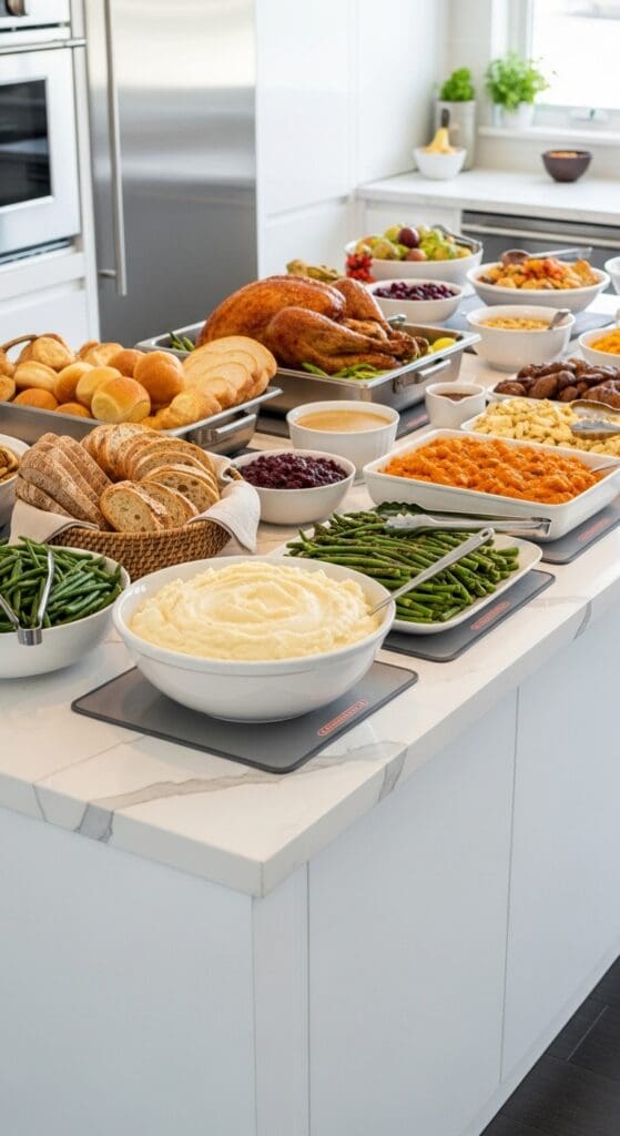 Heat pads under serving dishes on a Thanksgiving kitchen island buffet