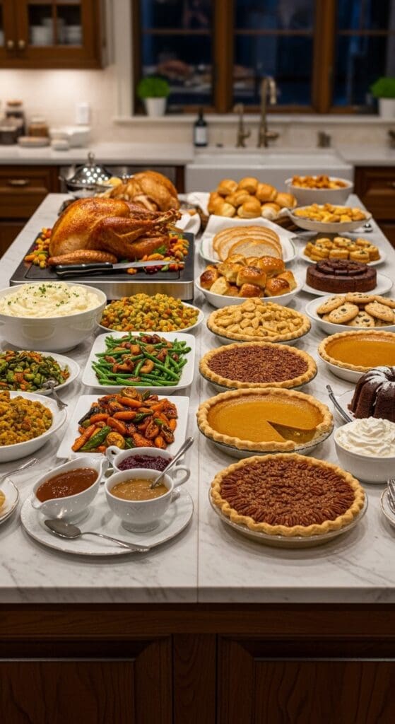 thanksgiving buffet setup where meat and veg is on one side and desserts are on the other side of kitchen island