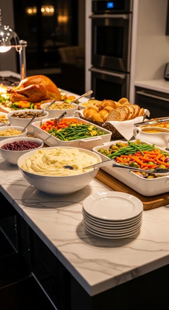 stack of small white plates on a kitchen island next to a Thanksgiving buffet