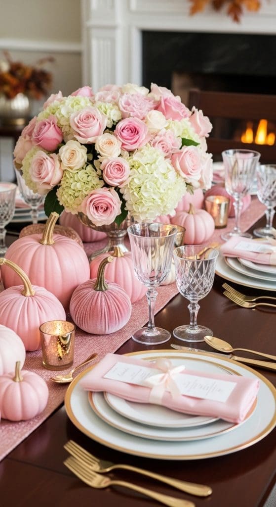 pink thanksgiving tablescape idea with large bouquet of flowers and neutral plates