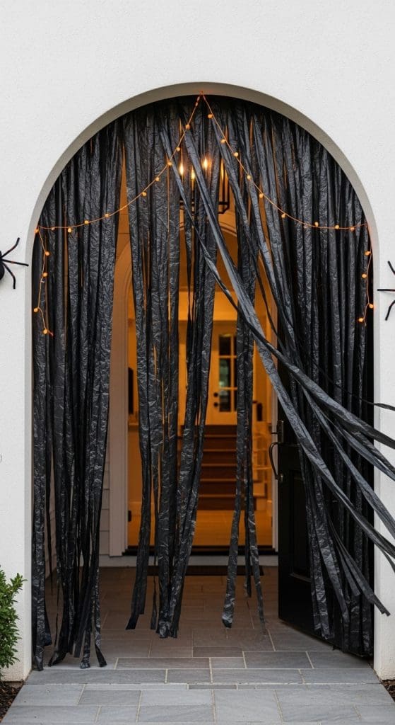 Last Minute Halloween Archway ideas using cut up black plastic trash bags and plastic spiders
