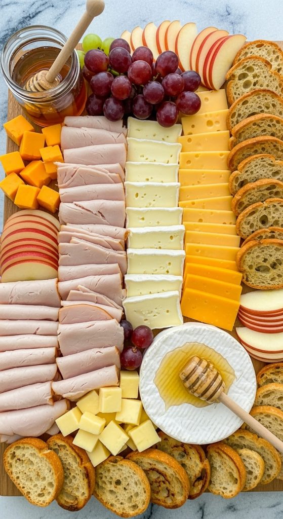 Selection of cheeses, brie wheel and honey on a Thanksgiving turkey grazing board