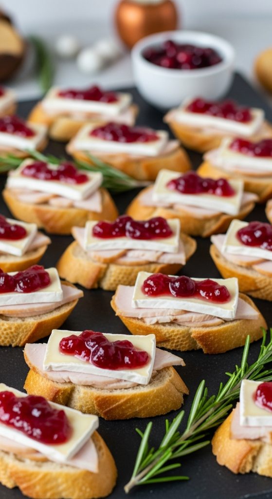 Thanksgiving Turkey Charcuterie Board on crostini with brie, turkey and cranberry on a grazing board
