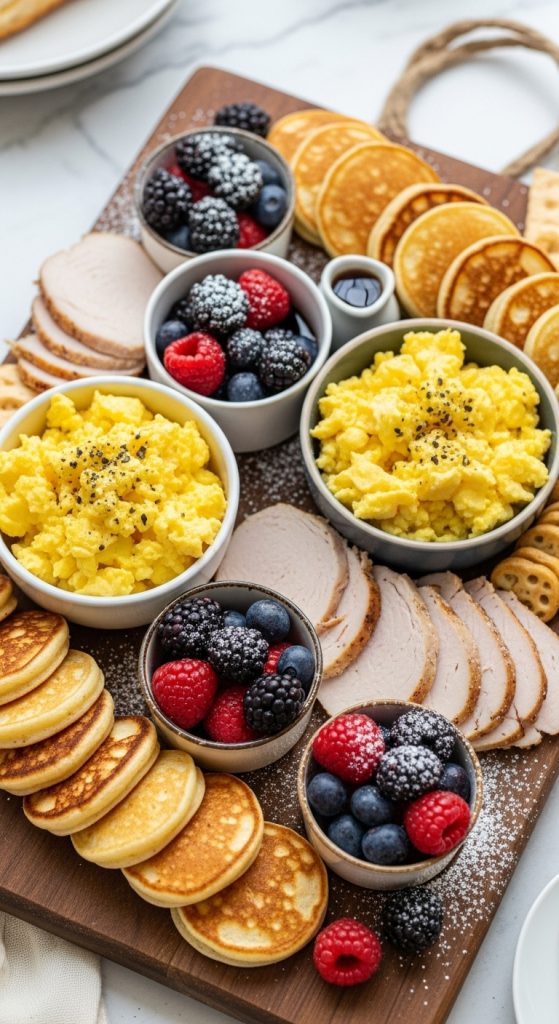 Turkey board idea with turkey slices, scrambled eggs in bowls, pancakes and maple syrup