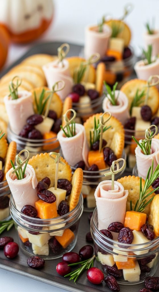 Tasty Thanksgiving Turkey Board using small mason jars and filling them with cranberries and turkey bites