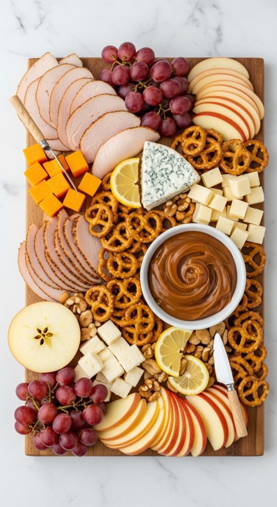 sweet and savory turkey charcuterie board with pretzels, turkey slices and caramel sauce