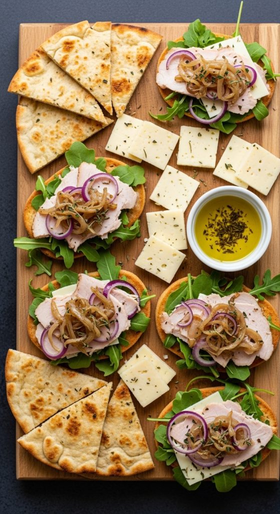 Thanksgiving turkey board idea with flat bread, olive oil and cheese on a wooden board