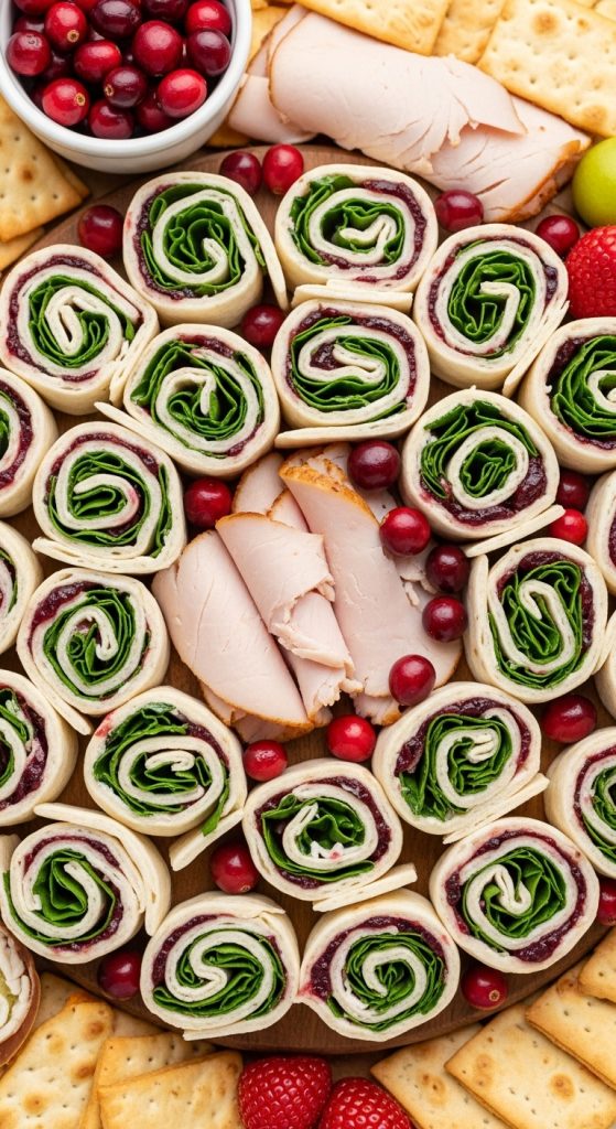 Pinroll turkey with spinach and turkey, cranberries and crackers